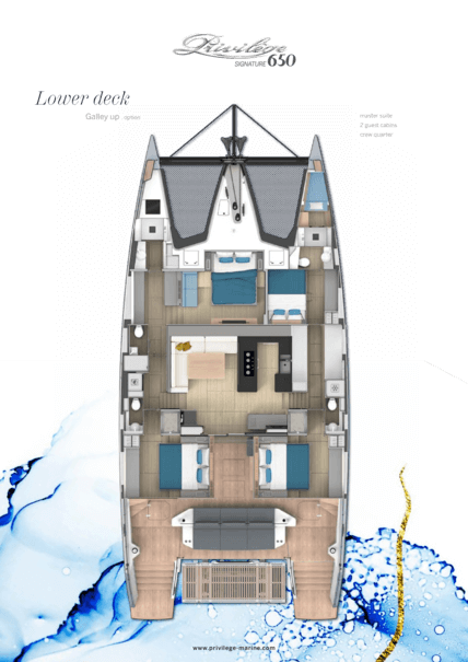 Privilège Signature 650 – Galley up | 内部布局 - 主人套房，2个客舱和船员宿舍 | Privilège
