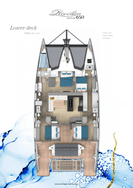 Privilège Signature 650 – Galley顶部 | 带有主人套房、3个客舱和船员舱的布局 | Privilège
