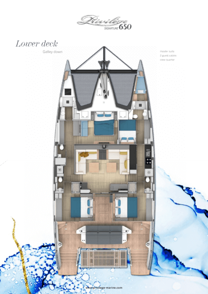 Privilège Signature 650 – Galley down | 内部布局 - 主人套房，2个客舱，船员宿舍 | Privilège